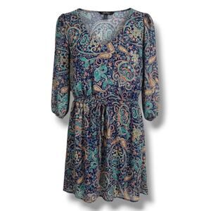 BeBop Women’s Navy Paisley Boho Chiffon Lined Mini Dress – Size Medium